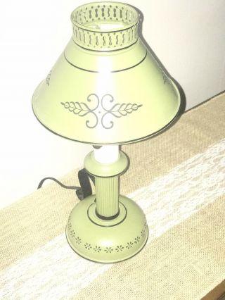 Vintage Metal Tole Table Lamp With Shade Green Black Mid Century Retro