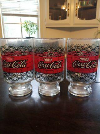 Set Of 3 Vintage Enjoy Coca - Cola Tiffany Style Stained Glass Drinking Glasses