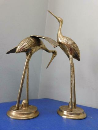 Large Vintage Pair Brass Standing Stork Crane Water Bird Statues C1960s