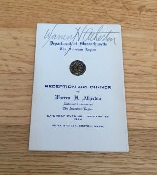 Warren Atherton National Commander American Legion Autograph Signed 1944 Program