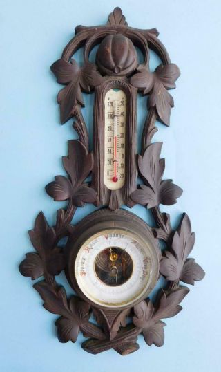 Carved Wood German Black Forest Barometer Thermometer C1900s