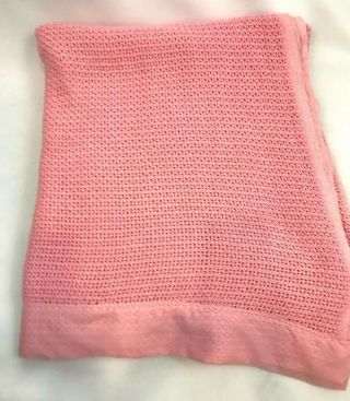 Vintage Acrylic Blanket Full Pink Waffle Weave Satin Trim Binding Soft 1970s