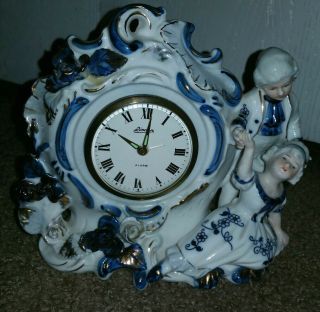 Linden Porcelain China Alarm Clock Made In Japan - Blue & White Color