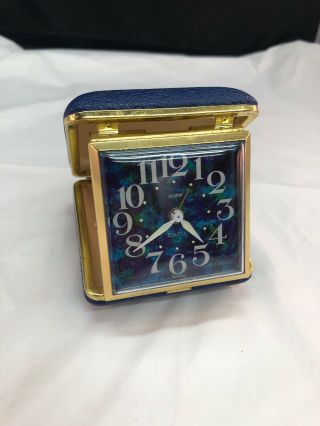 Vintage Equity Travel Alarm Clock Square Shape Fold Out In Blue Gold Vinyl Case