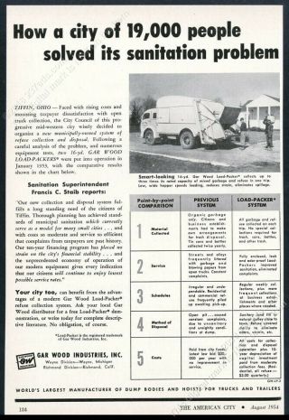1954 Gar Wood Load Packer Trash Garbage Truck Tiffin Ohio Photo Print Ad