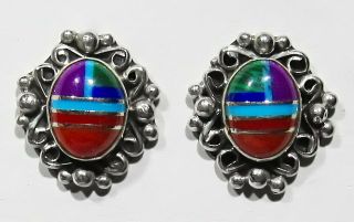 Vintage Signed Zuni 925 Silver Turquoise Coral Sugulite Lapis Inlay Earrings