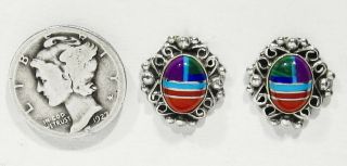 Vintage Signed Zuni 925 Silver Turquoise Coral Sugulite Lapis Inlay Earrings 2
