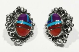 Vintage Signed Zuni 925 Silver Turquoise Coral Sugulite Lapis Inlay Earrings 3