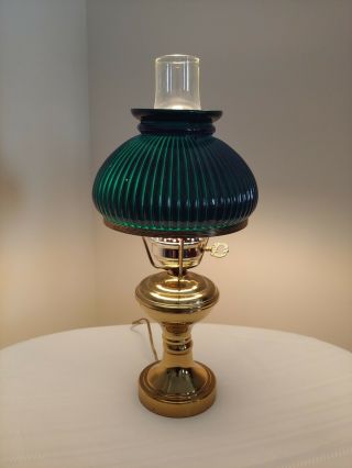 Vintage Hurricane Parlor Table Lamp With Green Glass Shade And Chimney 18 " Tall