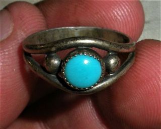 Antique C.  1950 Navajo Sterling Silver Ring Turquoise Vafo