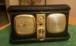 Rare Vtg Elgin Black/gold Art Deco Radio Alarm Travel Clock Leather Case