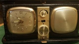 RARE VTG ELGIN Black/Gold ART DECO Radio Alarm TRAVEL Clock LEATHER Case 2