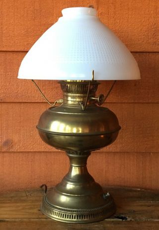 Brass Electrified Oil Hurricane Lamp With Milkglass Corning Waffle Shade