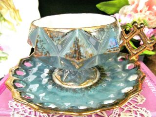 Royal Halsey Tea Cup And Saucer Green & Gold Gilt 3 Footed Teacup Japan 1930s