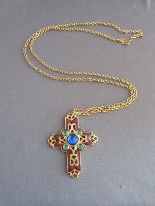 Vintage Avon Gold Tone Brown Blue Green Rhinestone Cross Crucifix Necklace
