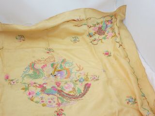Vintage Chinese Embroidered Silk Panel - Yellow Peacock Dragon Phoenix Bird
