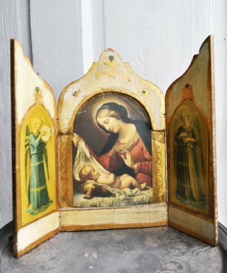 Wood Antique Italian Florentine Madonna Angels Triptych Alter Icon 10” Tall