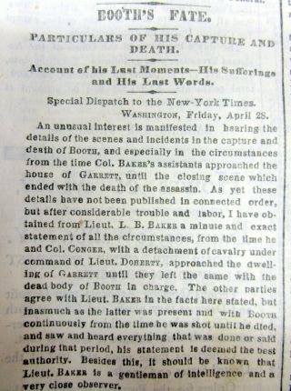 1865 Ny Times Civil War Newspaper Eyewitnessaccount John Wilkes Booth Shot Dead