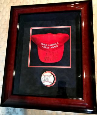 President Donald Trump Framed Signed Autographed Baseball & Maga Hat Psa/dna Loa