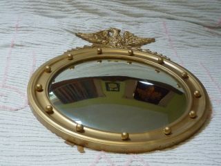 Antique Gold Gilded American Eagle Convex Glass Mirror Carved Wood