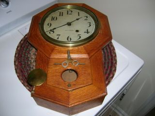 Vintage Antique Seth Thomas Oak Case Wall Clock With Key And Pedulum Octagon