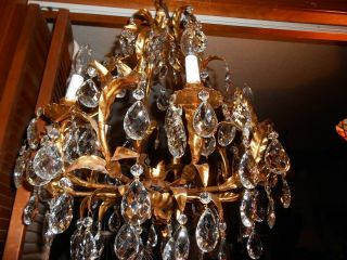 Vintage Italian Gold Gilt Tole 5 - Light Chandelier Orig.  Canopy 100,  Crystals
