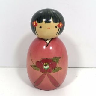 4” Kokeshi Wooden Doll Woody Craft Girl Flowers In Hair Japanese Made In Japan