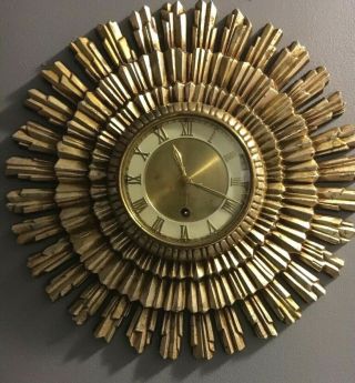 Vintage Syroco Sunburst Wall Clock Gold 16” 8 Day Key Wind - Made In Germany