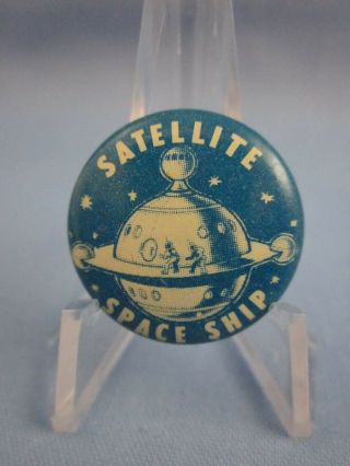 VINTAGE 1950 ' S SATELLITE SPACE SHIP SCI FI PINBACK BUTTON GREEN DUCK Co. 2