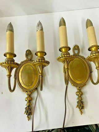 Fancy Vintage Electric Wall Mounted Brass Sconces With Cloth Shades Ca.  1940