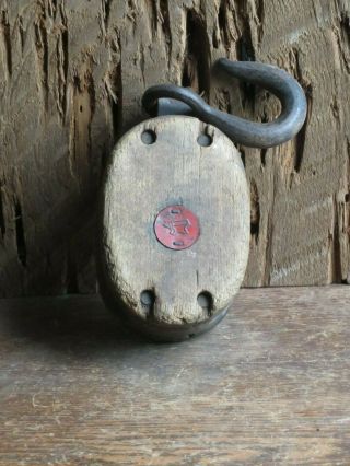 Vintage Anvil Logo Wood Block And Tackle Pulley Pully Ship Boat Hook Maritime