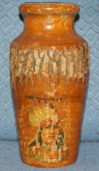 Antique Wood Burl Vase Souvenir Adirondacks Lake Bonaparte Indian Decal
