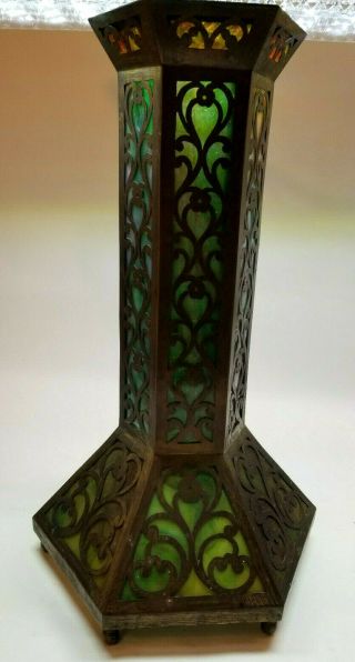 Art - Nouveau Brass And Slag Glass Lamp Base - - Hexagonal - - Patinated - - 13.  5 " Tall