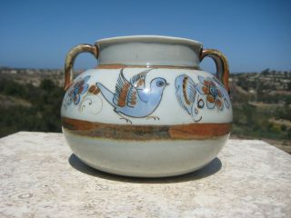 Vintage Ken Edwards Tonala El Palomar Pottery Large Bean Pot Blue Birds Mexico