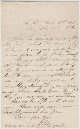 May 31 1864 Civil War Soldier Letter - 35th Mass - Just Before Cold Harbor
