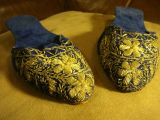 Rare 10k Pair Vtg Chinese Shoes Gold Lace Heel Blue Silk Leather Sz 33 Vg