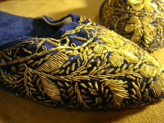 Rare 10k Pair Vtg Chinese Shoes Gold Lace Heel Blue Silk Leather Sz 33 VG 3