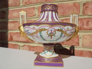 Antique Sevres Style Porcelain Hdld Urn Vase Hp Birds Lady Heads Raised Gold