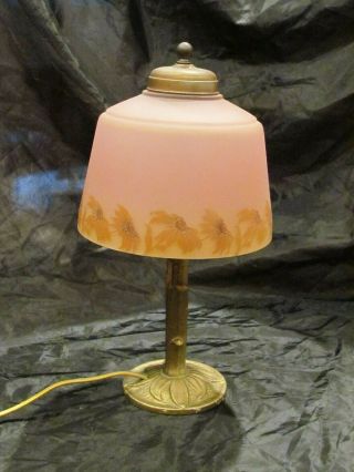 Antique Vintage Metal Boudoir Lamp With Hand Painted Glass Shade - Marked Usa