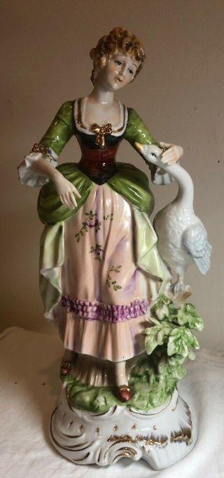 Rare Art Deco Porcelain Figurine " Girl With A Goose " Made In Japan (12 Inches)