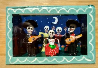 Mexican Day Of The Dead Shadow Box Mariachi Band Musicians Playing Night Diorama