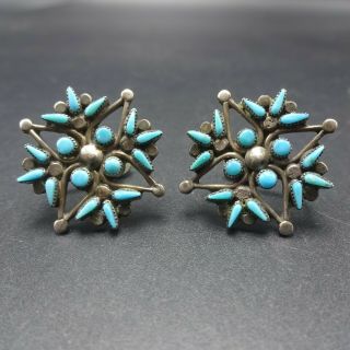 Old Vintage Zuni Sterling Silver Turquoise Needlepoint Petit Point Earrings