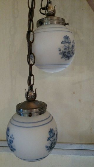 Vtg Double Pendant Glass Hanging Blue Ball Globes Light Fixture Swag Hollywood