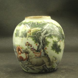 Chinese Old Marked Famille Rose Horses And Monkey Pattern Porcelain Jar