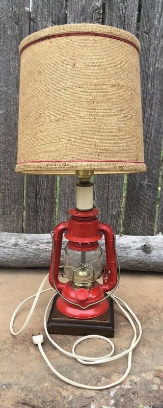 Vintage Red Lantern Table Lamp Wood Base Shade Glass Globe 21”