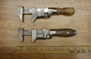2 Antique Wood Handle Monkey Wrenches,  Coes Swh 8 - 1/2 ",  Lamson & Sessions Rwh,  Vgc