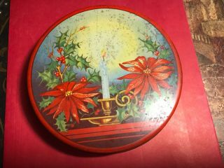 Vintage Christmas Cookie Candy Tin Poinsetta Candle