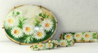 Rare Victorian Antique Matching 4 Piece Set Painted Dasy Flower Porcelain Pins