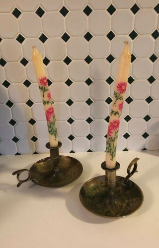 Antique Solid Brass 2 Chamberstick Candlestick Candle Holder Finger Hold