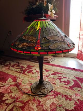 Vintage Red And Green Dragonfly Tiffany Table Lamp